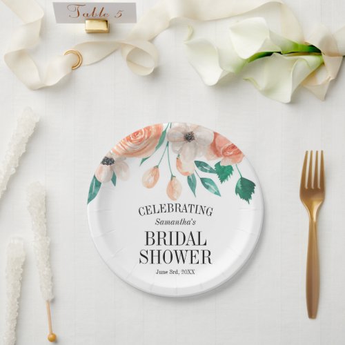 Elegant Peach Floral Bridal Shower Personalized Paper Plates