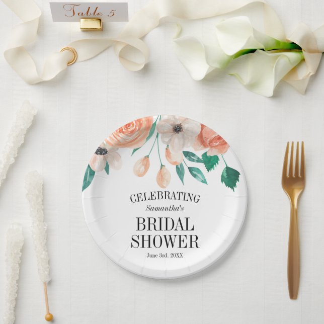 Elegant Peach Floral Bridal Shower Personalized Paper Plates (Wedding)