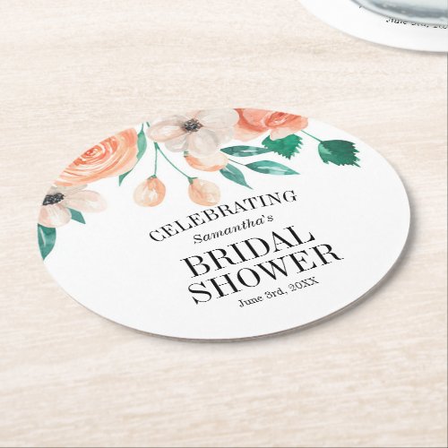 Elegant Peach Floral Bridal Shower Personalized Round Paper Coaster