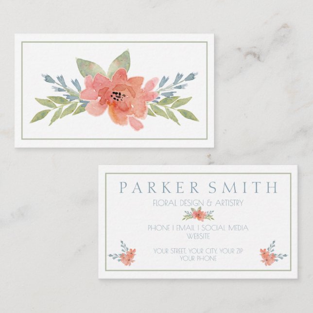 Elegant Peach Floral Business Card Watercolor (Front/Back)