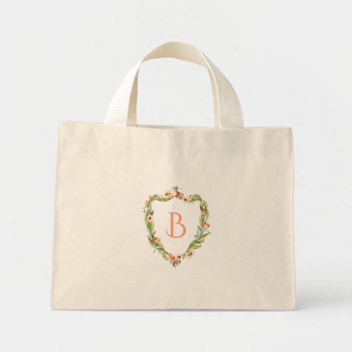 Elegant Peach Floral Crest Monogram Bridesmaid Mini Tote Bag