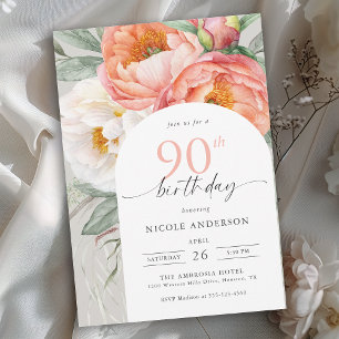 Elegant Peach Floral Feminine 90th Birthday Invitation