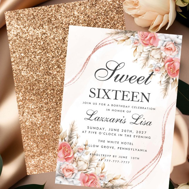 Elegant Peach Floral Glitter Sweet 16 Birthday Invitation (Creator Uploaded)
