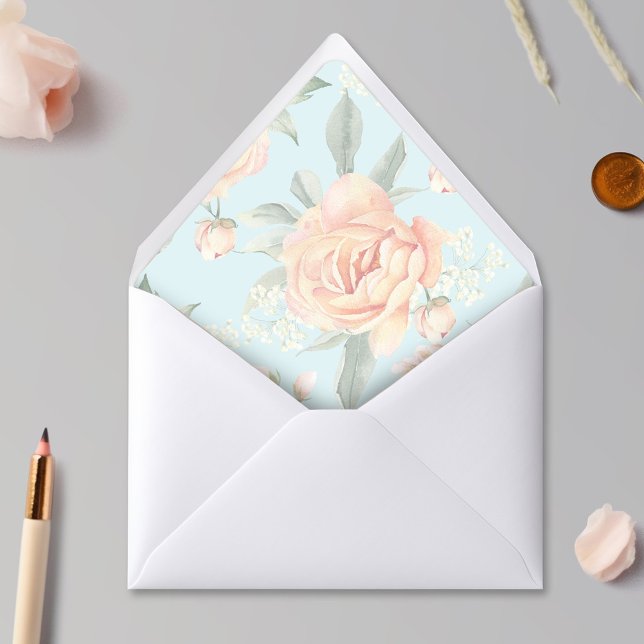 Elegant Peach Floral Greenery Blue Envelope Liner (Peach and blue elegant floral envelope liner)