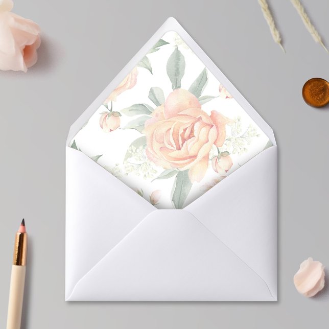 Elegant Peach Floral Greenery Envelope Liner (Elegant peach watercolor floral envelope liners)