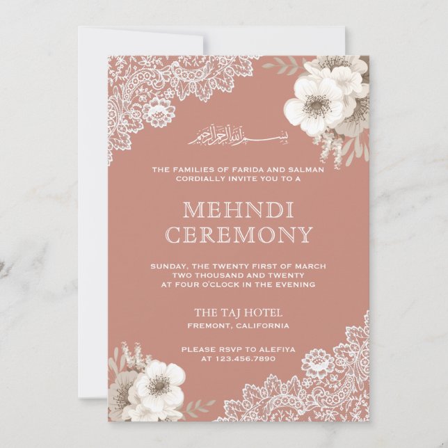 Elegant Peach Floral Lace Islamic Muslim Mehndi Invitation (Front)