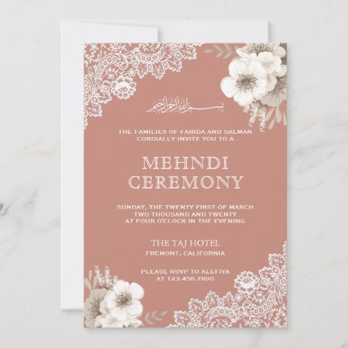 Elegant Peach Floral Lace Islamic Muslim Mehndi Invitation