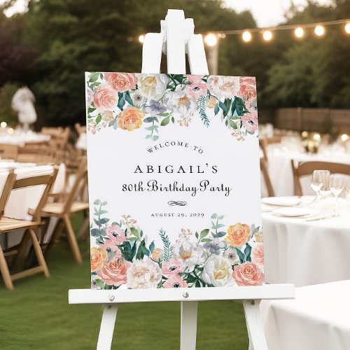 Elegant Peach Floral Leaf 80th Birthday Party Sign