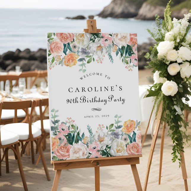 Elegant Peach Floral Leaf 90th Birthday Party Sign (Creator Uploaded)