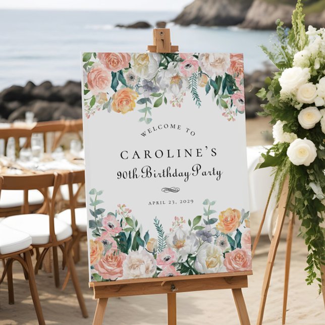 Elegant Peach Floral Leaf 90th Birthday Party Sign (Creator Uploaded)