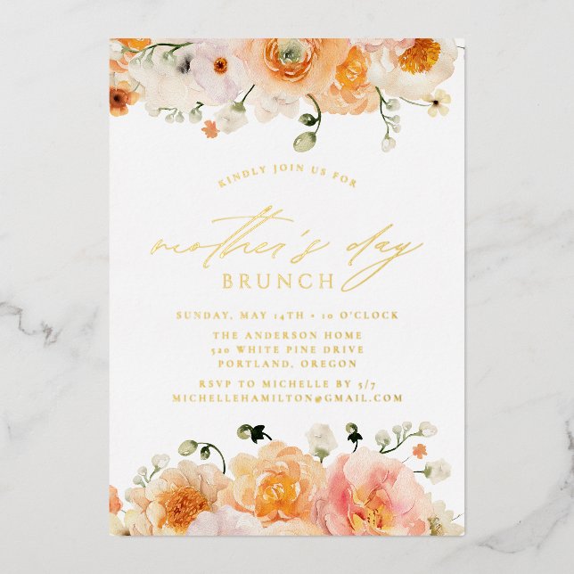 Elegant Peach Floral Mother's Day Brunch Foil Invitation (Front)