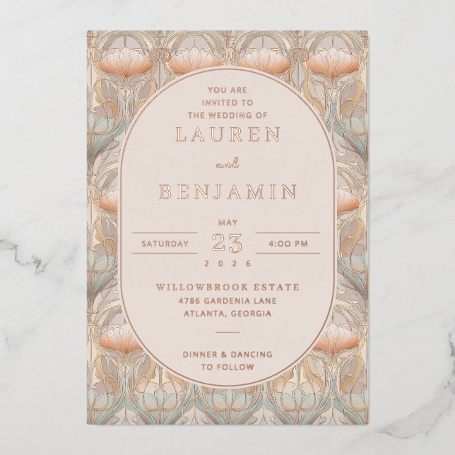 Elegant Peach Floral Pattern Foil Invitation (Front)