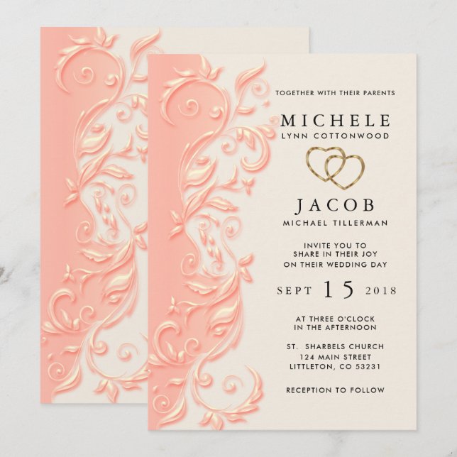 Elegant Peach Floral Swirl Wedding Invitation (Front/Back)