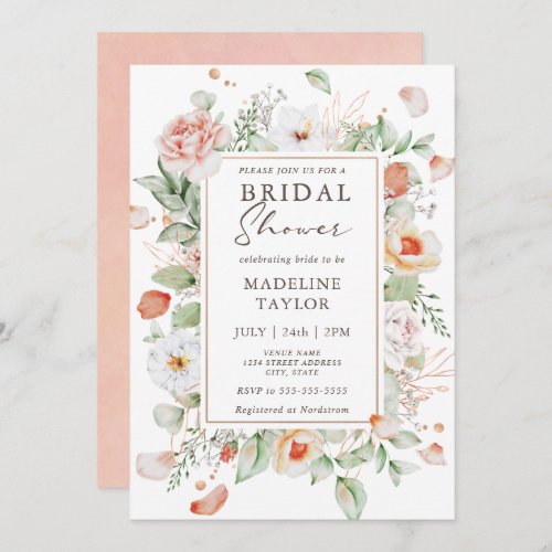 Elegant Peach Floral Watercolor Bridal Shower Invitation