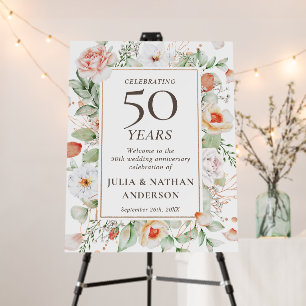 Elegant Peach Floral Wedding Anniversary Welcome Foam Board