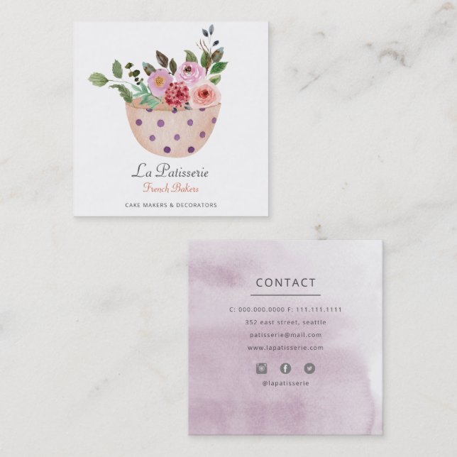 Elegant Peach Floral Wedding Cake Makers Bakery Square Business Card (Front/Back)