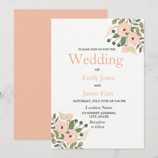 Elegant Peach Floral Wedding Invitation set (Front/Back)