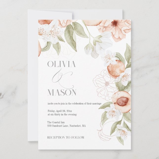 Elegant Peach Floral Wedding Invitations (Front)