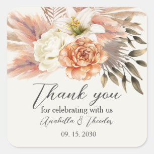 Elegant Peach Floral Wedding Thank You Sticker