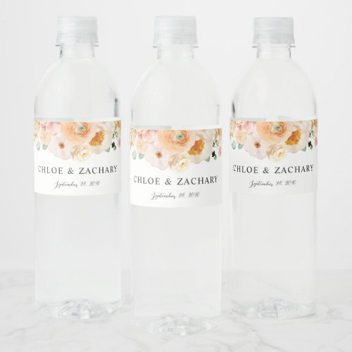 Elegant Peach Floral Wedding  Water Bottle Label