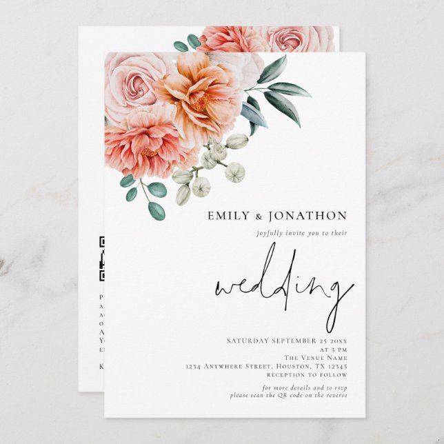 Elegant Peach Florals QR Code Wedding Invitation (Front/Back)