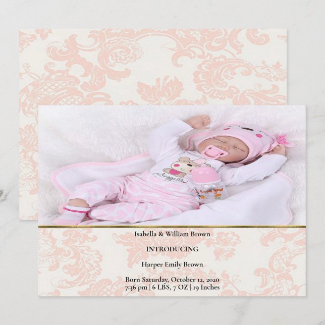 Elegant Peach Flourish Birth Announcement (Front/Back)
