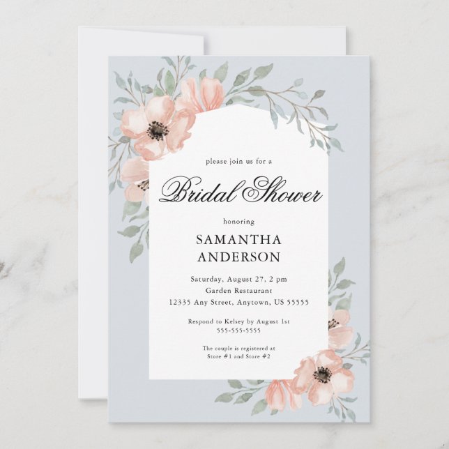 Elegant Peach Flowers Dusty Blue Bridal Shower Invitation (Front)