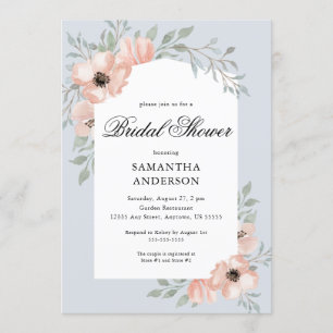 Elegant Peach Flowers Dusty Blue Bridal Shower Invitation