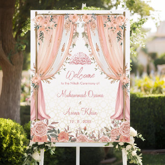 Elegant Peach Flowers Islamic Wedding Welcome Sign