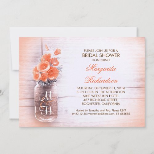 elegant peach flowers mason jar bridal shower personalized invite
