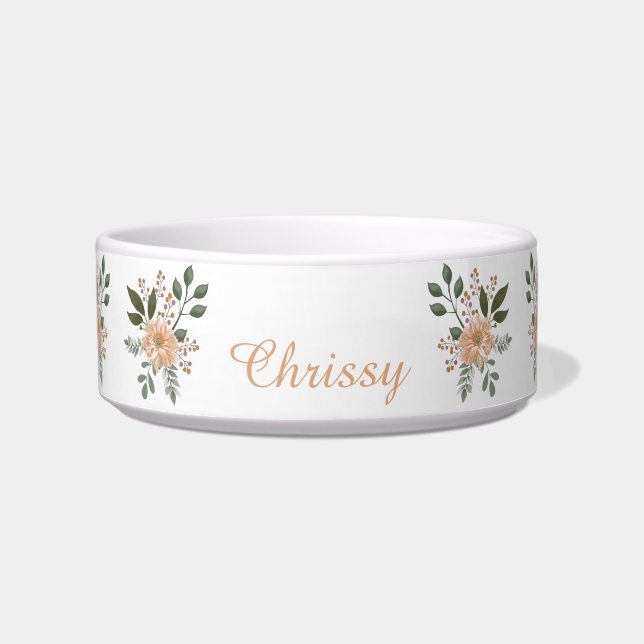 Elegant Peach Flowers Personalized Pet Bowl (Front)