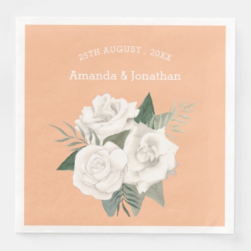 Elegant Peach Fuzz and White Roses Wedding Paper Dinner Napkins