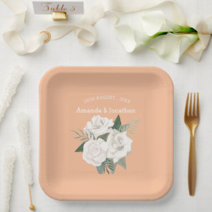 Elegant Peach Fuzz and White Roses Wedding Paper Plates