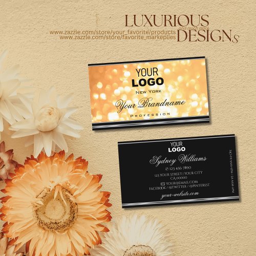 Elegant Peach Glitter Logo Black and Silver Border Business Card