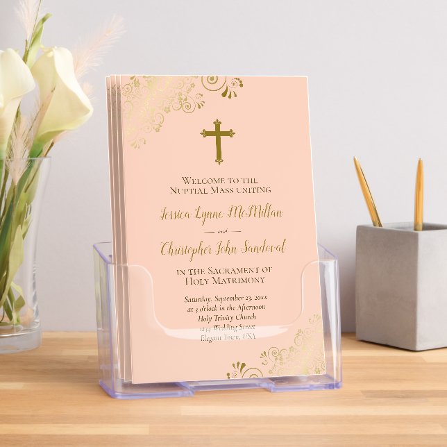 Elegant Peach & Gold Catholic Wedding Program Brochure (Insitu)