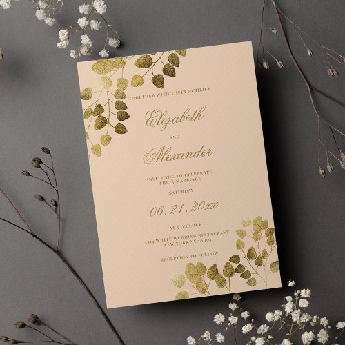 Elegant peach gold eucalyptus floral wedding invitation