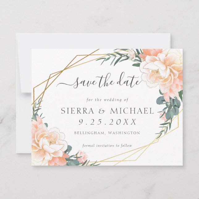 Elegant Peach Gold Floral Dusty Blue Save the Date Announcement (Front)