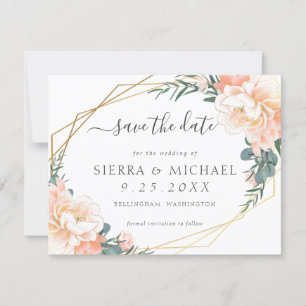 Elegant Peach Gold Floral Dusty Blue Save the Date Announcement