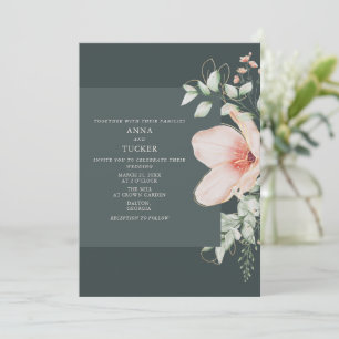 Elegant Peach & Gold Floral Emerald Wedding Invitation