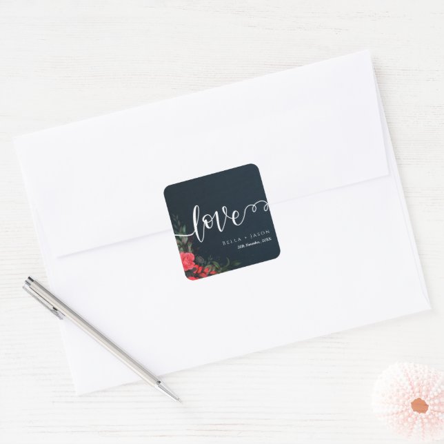 Elegant Peach Gray Floral Script Love Wedding Square Sticker (Envelope)