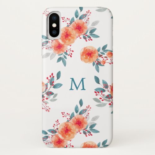 Elegant Peach  Green Floral Monogram iPhone X Case