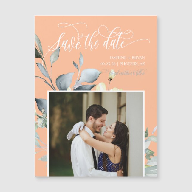 Elegant Peach Green Leaves Save the Date Magnet (Front)