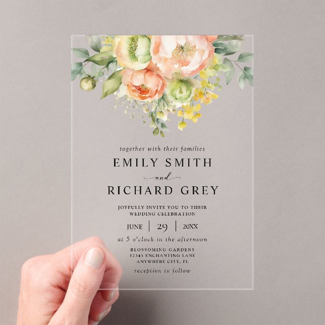 Elegant Peach & Greenery Floral Foliage Wedding Acrylic Invitations (Insitu (Handheld))