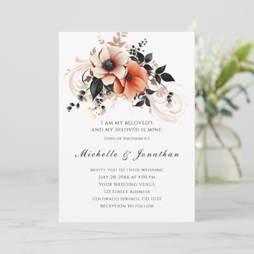 Elegant Peach Grey Floral Bible Christian Wedding Invitation