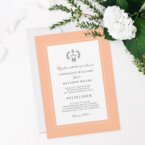 Elegant Peach Initials Calligraphy Crest Wedding Invitation
