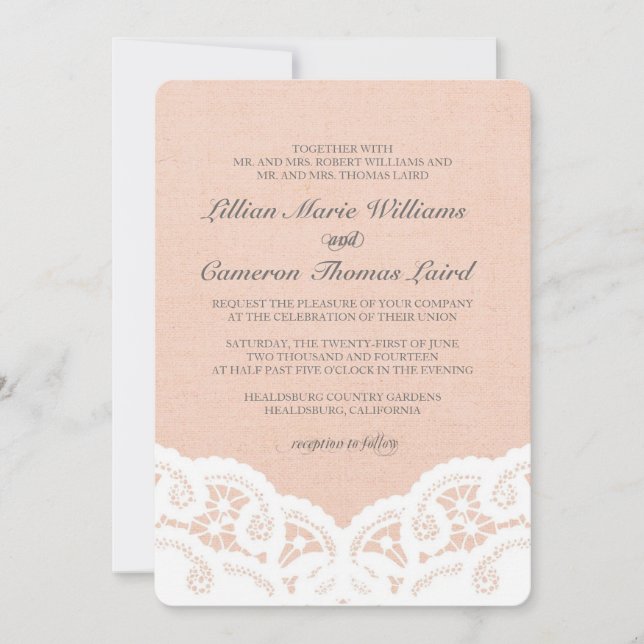 Elegant Peach Lace Wedding Invitation (Front)