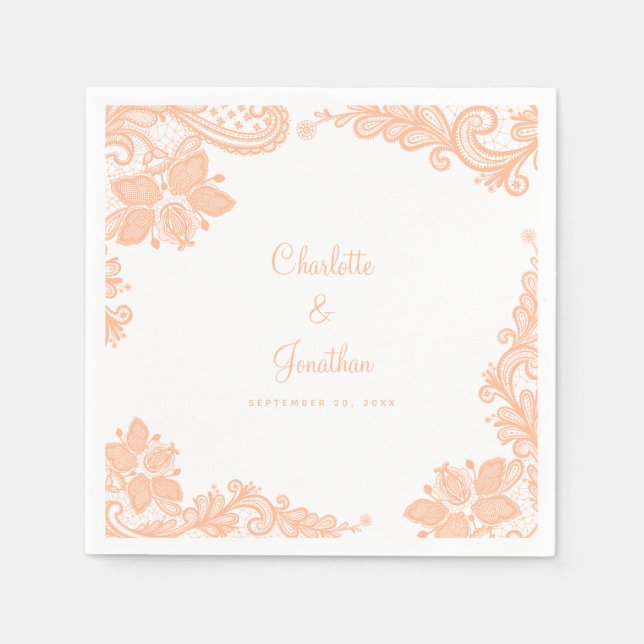  Elegant Peach Lace Wedding Names Date  Napkins (Front)