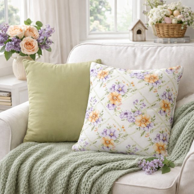 Elegant Peach Lavender & Solid Sage Green Spring Throw Pillow (Creator Uploaded)