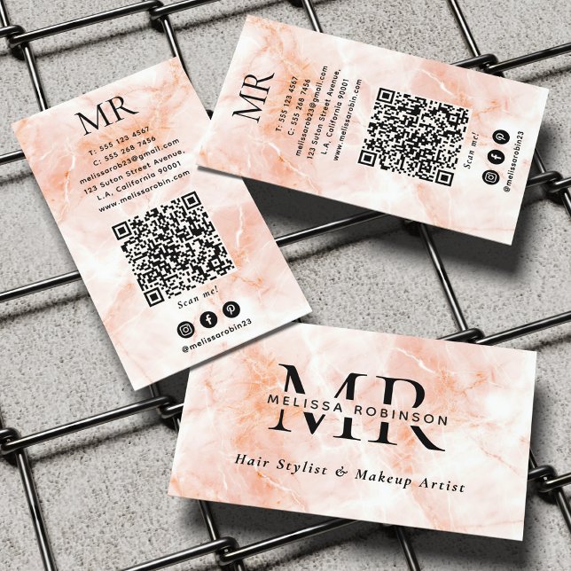 Elegant Peach Marble Texture Monogram and QR Code Business Card (Creator Uploaded)