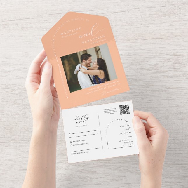 Elegant Peach Minimal Arch QR Code Photo All In One Invitation (Tearaway)